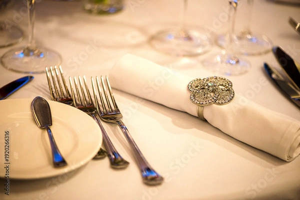 Obraz Elegant Table Setting With Cutlery And Decorative Napkin Ring