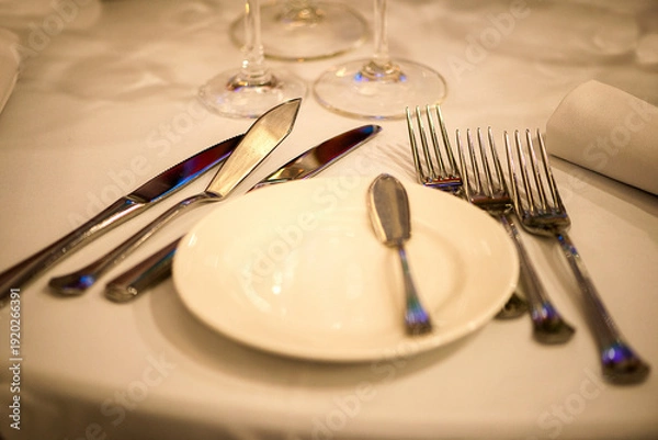Obraz Close Up Fine Dining Tableware Arrangement With Elegant Details