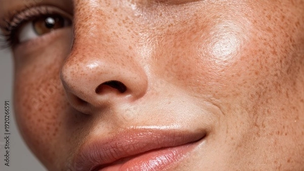 Obraz そばかすのある女性の肌のアップ。美容やスキンケアのイメージに最適な写真。