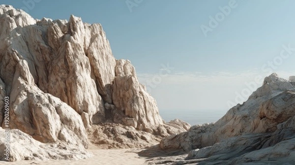 Obraz 荒々しい岩山の風景。自然やアウトドアの背景素材に最適な岩場の写真。