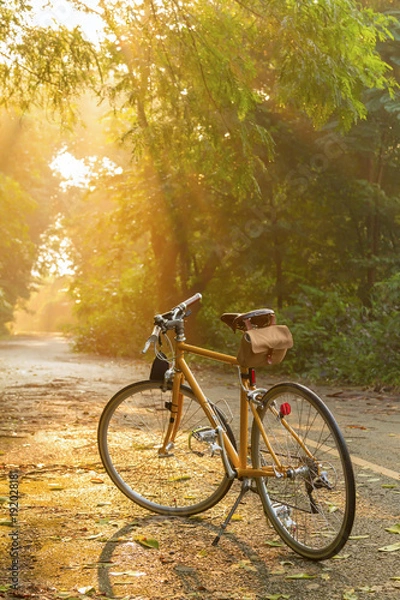 Obraz A yellow bicycle is parking on the quite road in the forest with beautiful of warm sunlight of the morning.