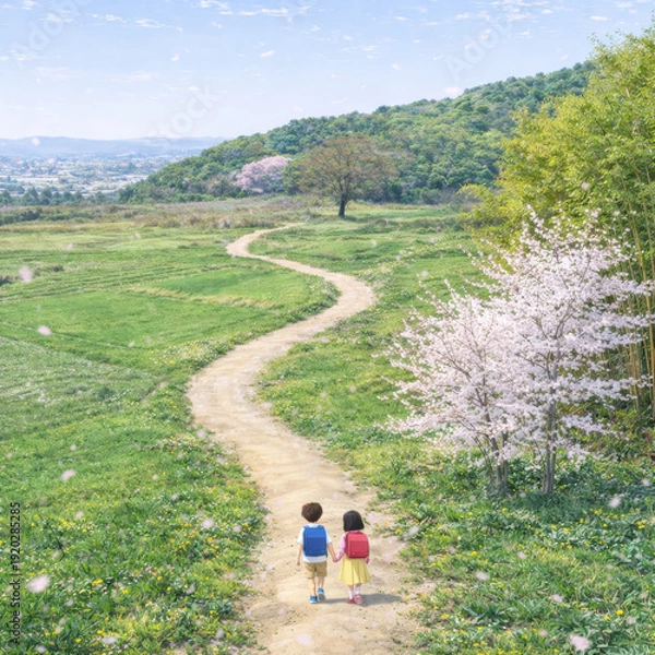 Obraz 桜舞う田舎道の通学風景
