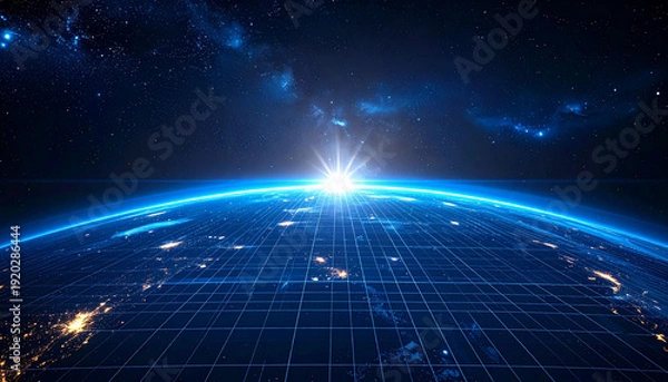 Obraz 朝日が昇る地球と光のグリッド