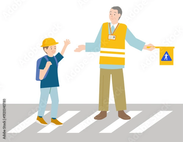 Obraz 通学路で子どもを見守るシニア男性と小学生の男の子のイラスト