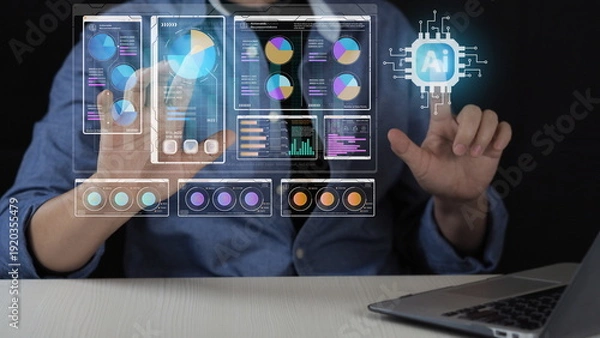 Obraz Business professional analyzing AI data dashboard with virtual interface, artificial intelligence analytics, big data visualization, machine learning automation 