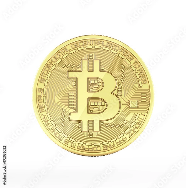 Fototapeta Bitcoin 3D isometric Physical bit coin in gold Digital currency Cryptocurrency Golden coin with symbol isolated on white background 3d render illustration without shadow