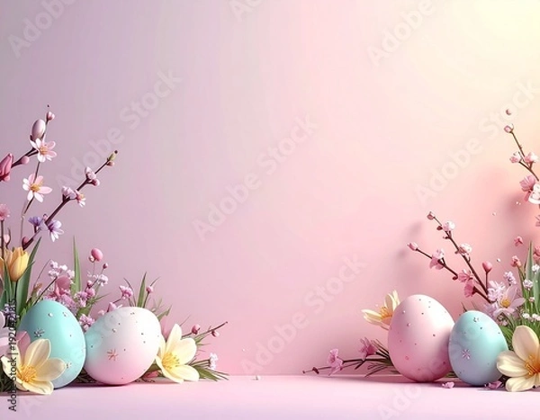 Obraz Minimalist Easter pastel background with decorative eggs and spring flowers, soft gradient copy space