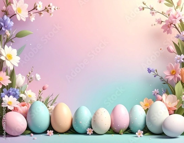 Obraz Colorful Easter eggs arranged with spring flowers on soft pastel gradient background