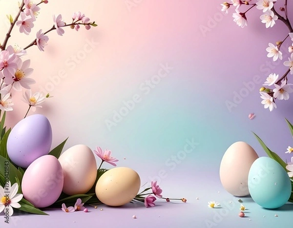 Obraz Spring Easter composition with pastel eggs and blossom branches on soft gradient background