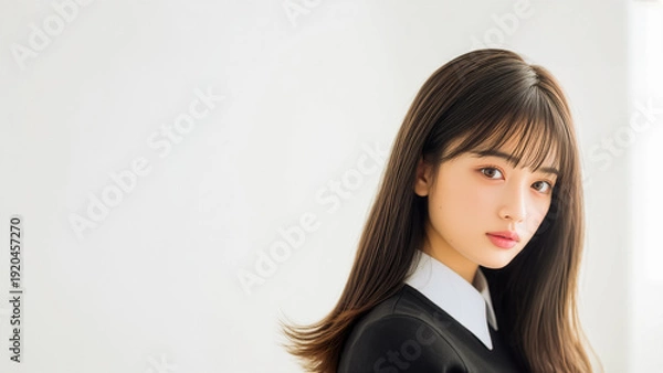 Obraz 白い背景のスタジオで振り返りながらカメラを見つめる、黒い制服風の衣装を着た美しい若い日本人女性のポートレート
