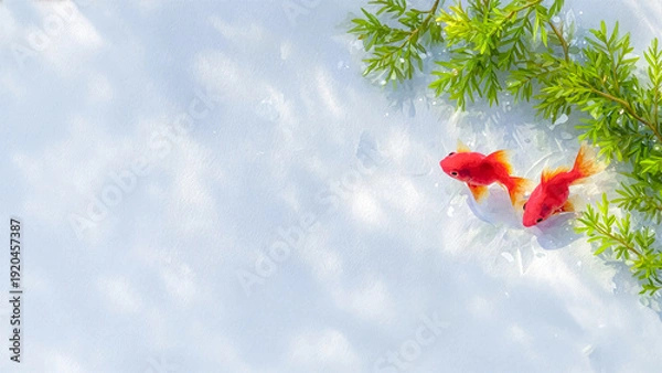 Obraz 澄み切った明るい水の中を泳ぐ二匹の赤い金魚、水面に映る柔らかな光と緑の水草、日本の夏の涼しさと静寂を表現
