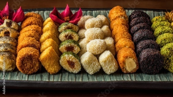 Obraz Assorted colorful bite sized snacks arranged on tray