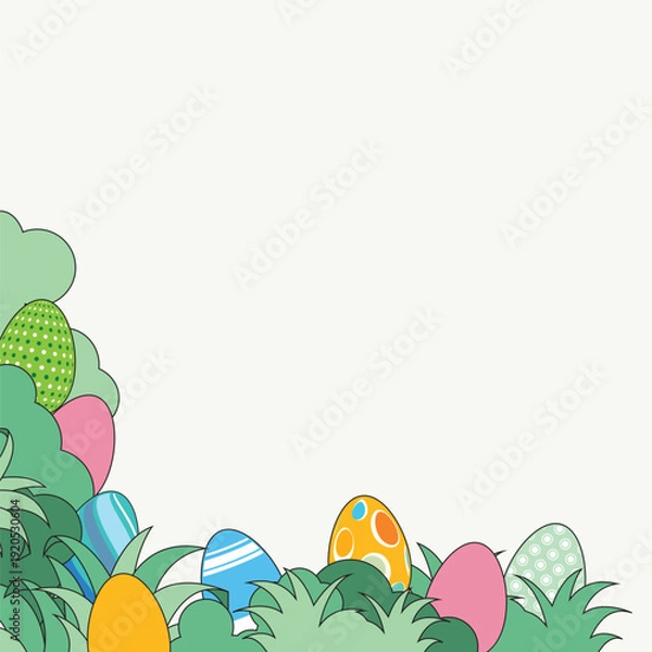 Obraz Easter background with eggs and nature frame with green flora. Vector illustration
