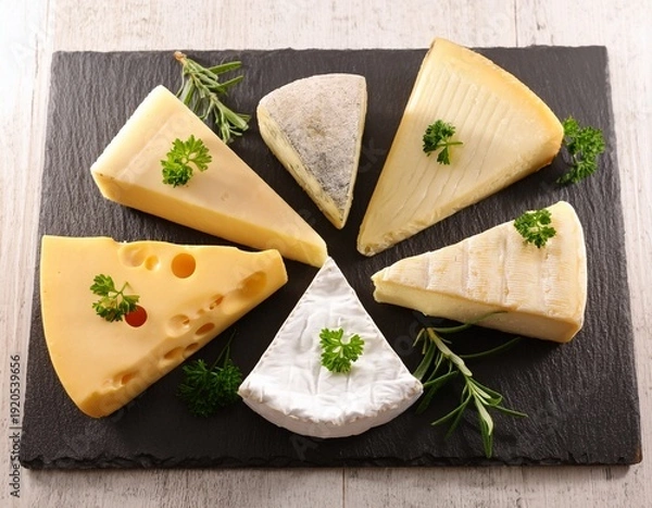 Obraz assorted cheese varieties garnished with fresh herbs