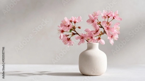 Obraz Delicate spring florals in a small vase on light stone surface with bright studio light