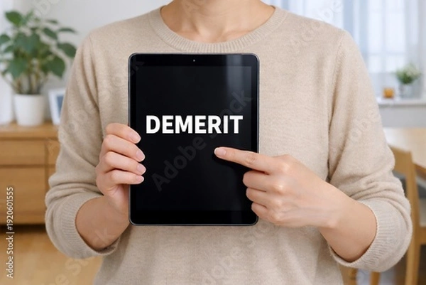 Obraz タブレットを指差してデメリットという言葉を強調するベージュの服を着た女性の上半身