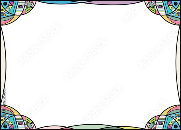 Obraz ステンドグラス風のカラフルな装飾フレーム ポップな幾何学模様と曲線ラインの四隅飾り枠