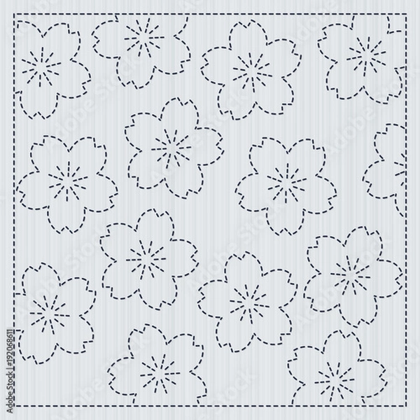 Fototapeta Sakura flowers in the frame. Sashiko. Quilting motif for a fancywork. Traditional japanese embroidery ornament with blooming sakura flowers. Floral backdrop. Needlework texture.