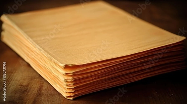 Obraz A Thick Stack of Aged Paper Documents on a Wooden Surface