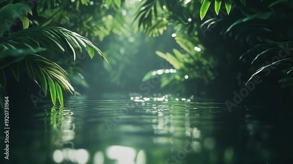 Obraz A Tranquil Forest Stream Flows Gracefully Through Lush Green Vegetation Reflecting Soft Light