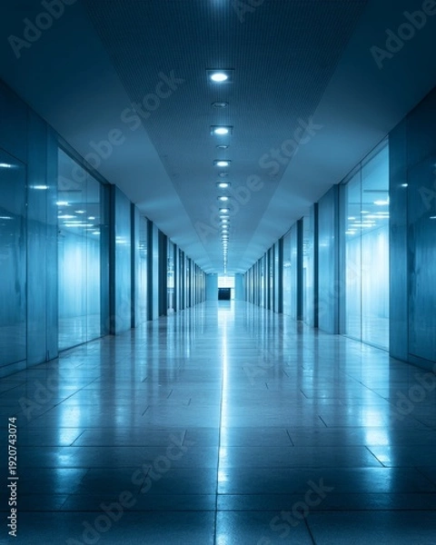 Obraz A long, empty modern office corridor with cool blue lighting.