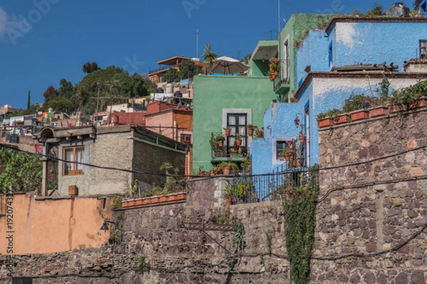 Fototapeta A hill with a stone wall at the bottom and colorful houses climbing up the hill, some greenery and a clear blue sky, in Guanajuato, Mexcio