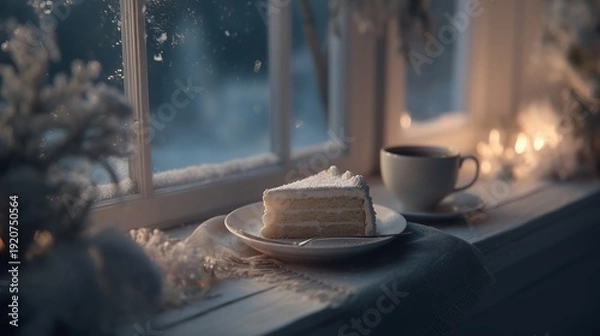 Fototapeta Window Scene with Cake and Coffee