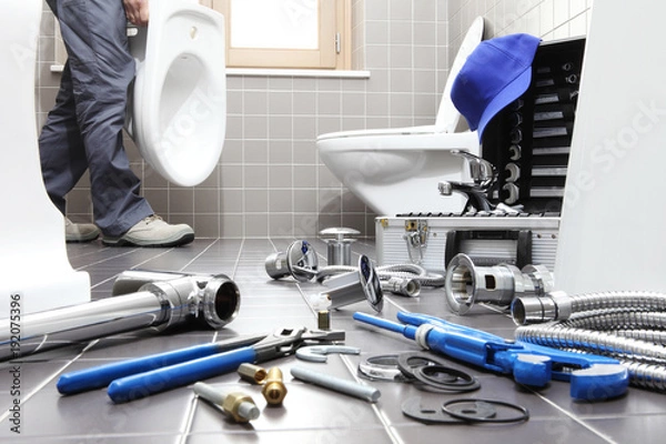 Obraz Handel hydraie w pracy w łazience, usługa naprawy hydraulicznej, montaż i instalacja koncepcji