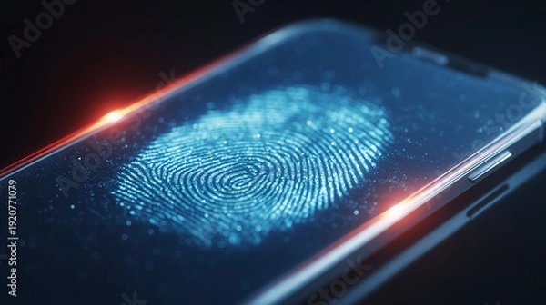 Obraz Fingerprint sensor on smartphone screen representing biometric authentication for secure mobile access.
