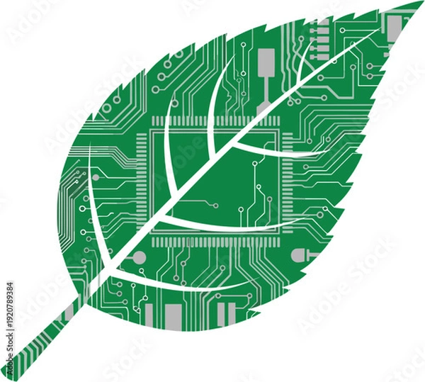 Obraz Leaf with circuit board pattern symbolizing technology and nature fusion
