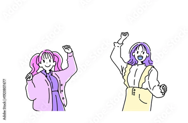 Obraz ガッツポーズをして喜ぶ若い女性二人組のイラスト　応援と成功　手書きベクター素材