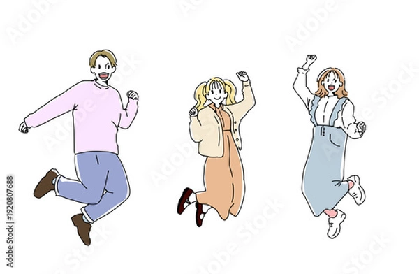 Obraz 笑顔でジャンプする大学生男女のイラスト　若者と青春　手書きベクター素材