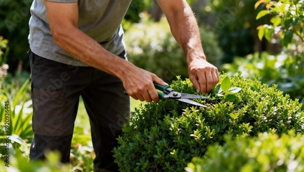 Obraz 鮮やかな庭で低木を剪定する庭師
