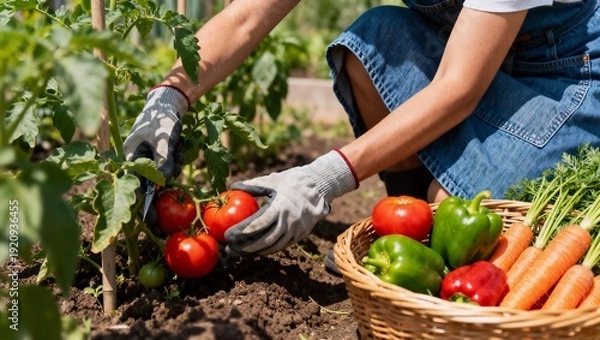 Obraz 家庭菜園で新鮮な野菜を収穫