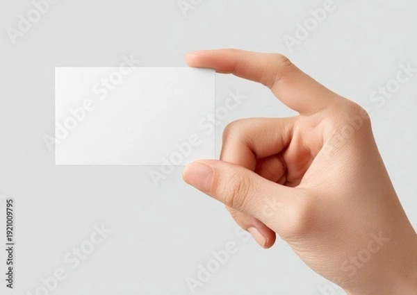 Obraz A hand holding a blank rectangular card against a soft grey background