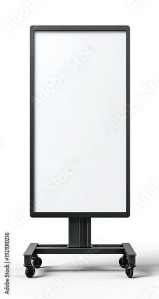 Obraz Isolated, upright rectangular display with black frame, white blank surface, and rolling wheels