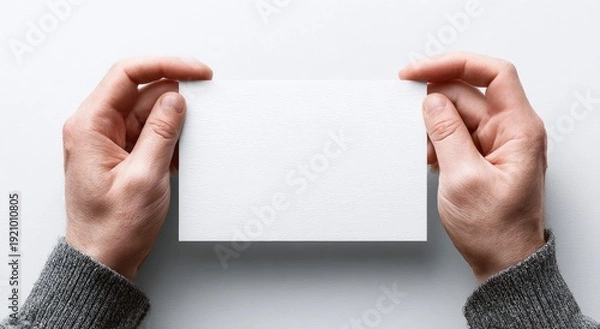 Obraz Two hands holding a blank white rectangular card against a plain white background