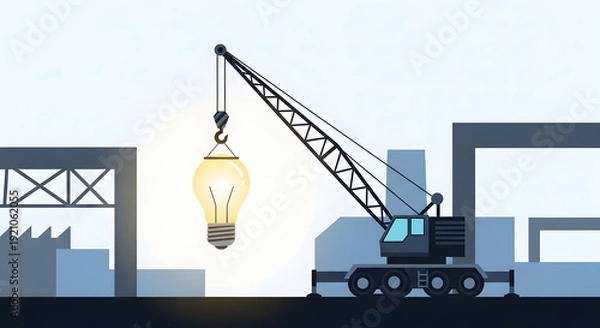 Fototapeta Crane Lifting Lightbulb Innovation Engineering Concept