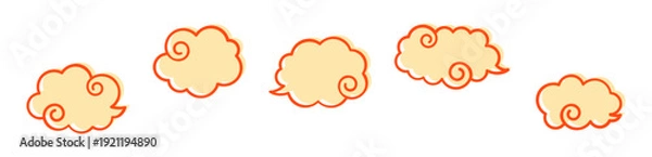 Fototapeta 伝統的な和風の和雲5個セット。お正月や年賀状に合う朱色の瑞雲の縁起物素材