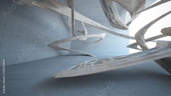 Fototapeta Abstract  concrete and wood parametric interior  with window. 3D illustration and rendering.