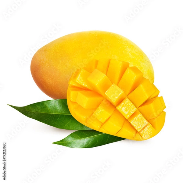 Obraz Żółte mango z liśćmi na białym tle
