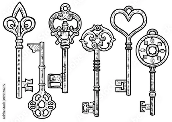 Fototapeta Key illustration, drawing, engraving, ink, line art, vector