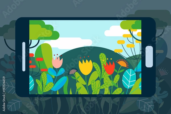 Obraz AR concept vector illustration with smartphone for augmented reality on natural landscape
