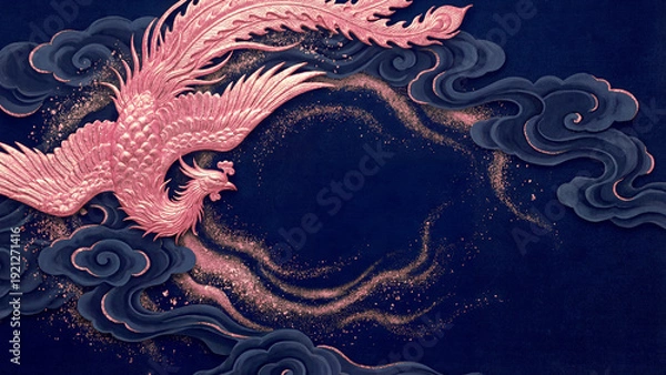 Obraz 紺色の背景に金色の不死鳥と雲が立体的に施された豪華な装飾です。きらきらと輝く鳳凰の姿は、未来への希望やビジネスの繁栄を力強く象徴しています。お正月や祝い事のポスター、高級感のある広告制作に最適です。