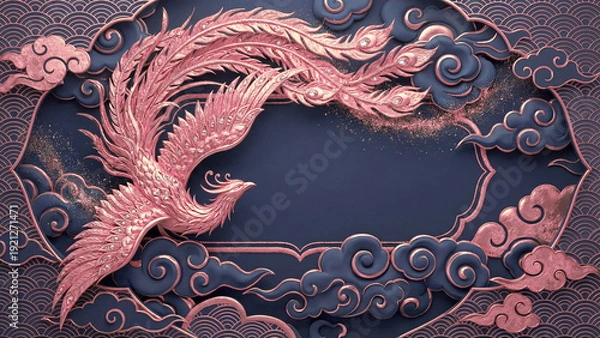 Obraz 紺色の背景に金色の不死鳥と雲が立体的に施された豪華な装飾です。きらきらと輝く鳳凰の姿は、未来への希望やビジネスの繁栄を力強く象徴しています。お正月や祝い事のポスター、高級感のある広告制作に最適です。