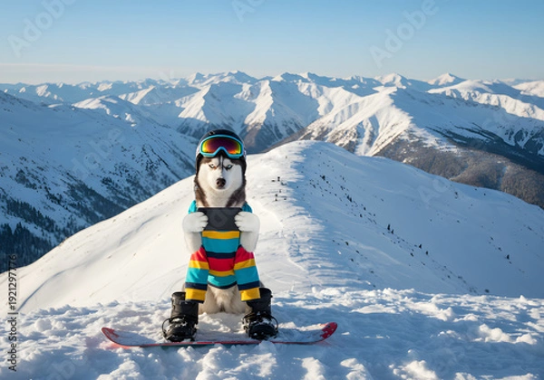 Obraz Dog snowboarding mountain peak