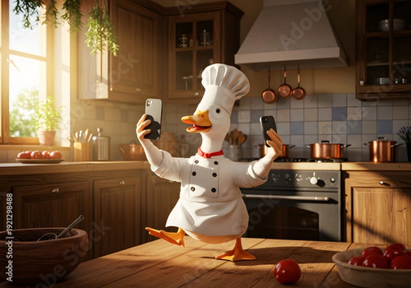 Obraz Funny duck chef taking selfie in kitchen