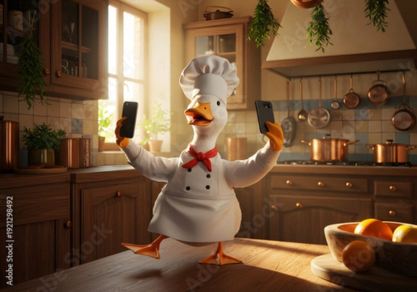 Obraz Funny duck chef taking selfie in kitchen