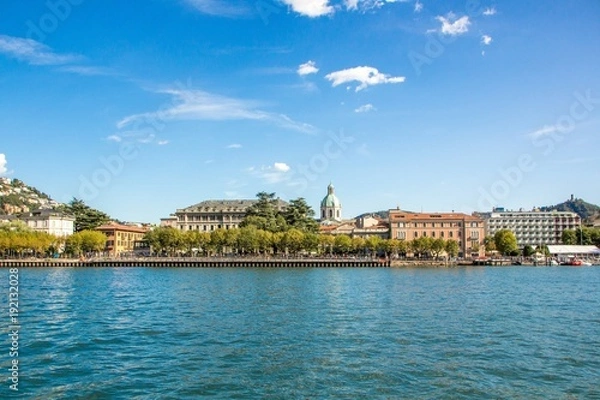 Obraz Beautiful small European town by the lake. Medieval Como Cathedral on Lake Como in Lombardy, Italy. Como Cathedral and Como city embankment the view from the lake.