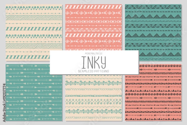 Fototapeta Set of 6 abstract minimalistic seamless patterns in tribal style